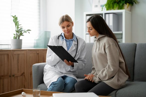 Mujer buscando anticonceptivos recomendados por un médico