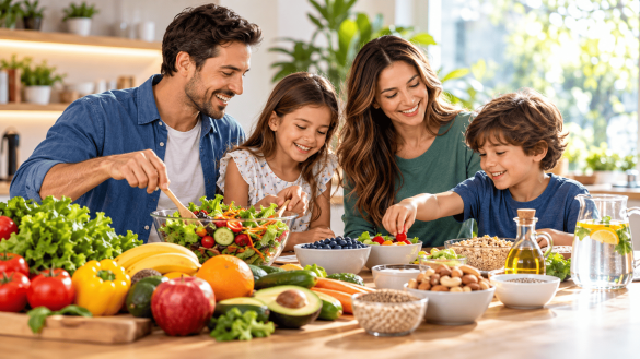 Familia disfrutando una alimentación saludable y equilibrada con frutas, verduras y alimentos nutritivos.