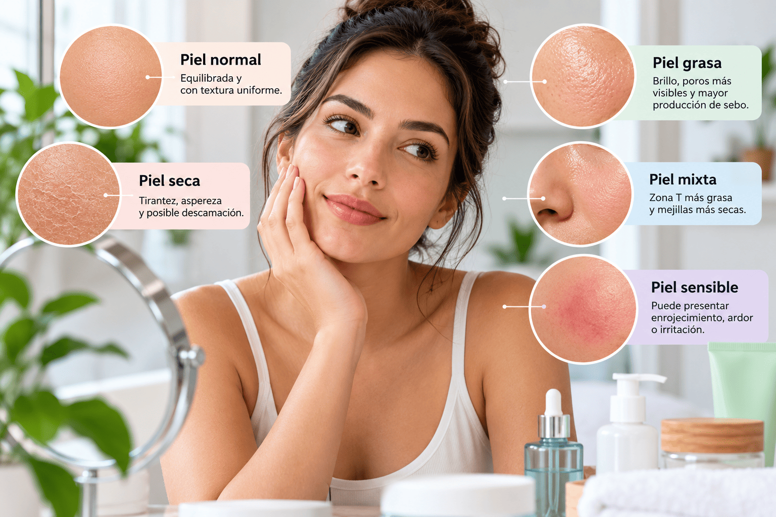 ¿Te preguntas cómo saber qué tipo de piel tienes? Aprende a identificar si tu piel es seca, grasa, mixta, normal o sensible y descubre cómo adaptar tu rutina de cuidado facial según sus necesidades.